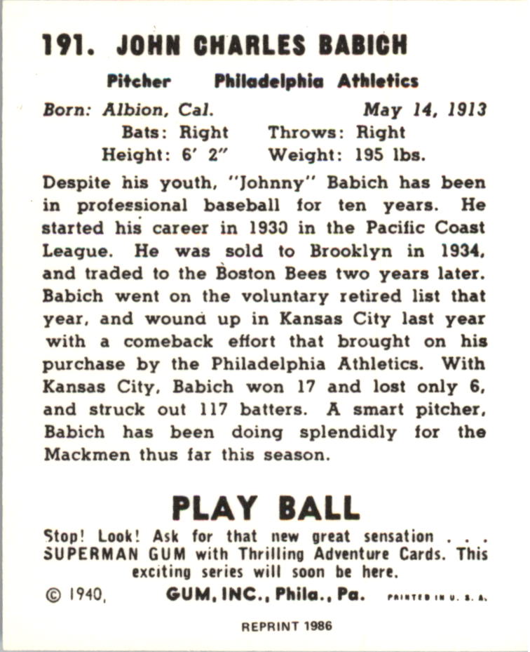 1940 Play Ball Reprints #191 John Babich back image