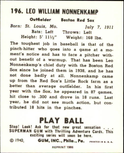 1940 Play Ball Reprints #196 Red (Nonny) Nonnenkamp back image