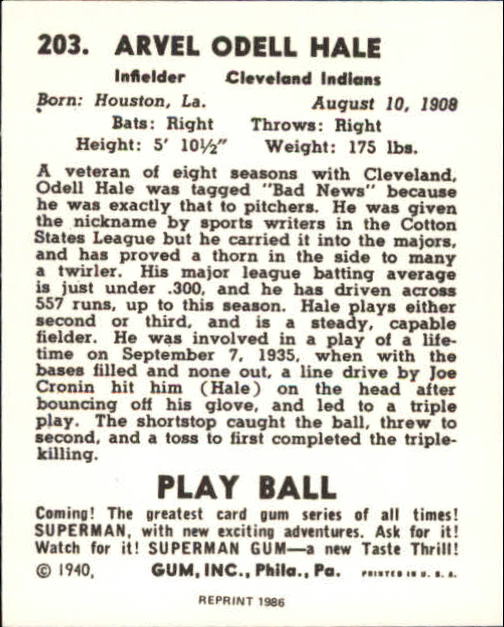 1940 Play Ball Reprints #203 Bad News Hale back image