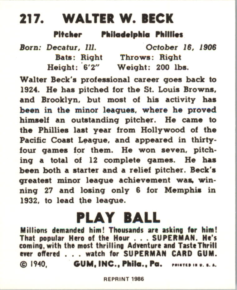 1940 Play Ball Reprints #217 Walter Beck back image