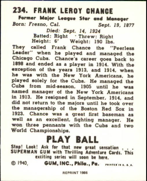 1940 Play Ball Reprints #234 Frank Chance back image