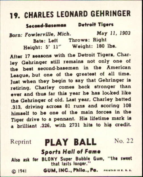 1941 Play Ball Reprints #19 Charley Gehringer back image