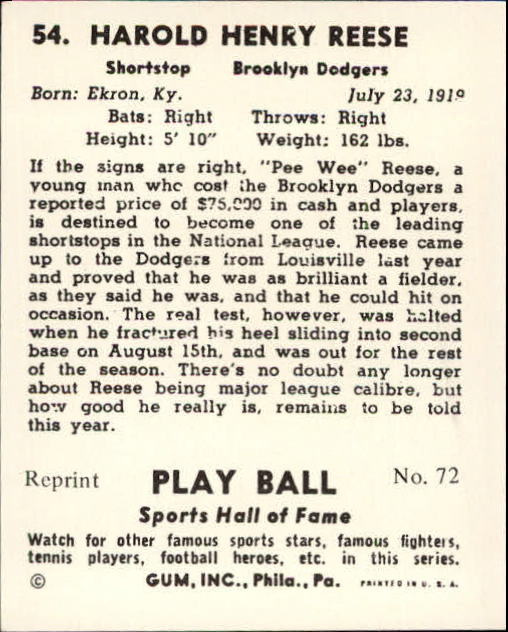 1941 Play Ball Reprints #54 Pee Wee Reese back image