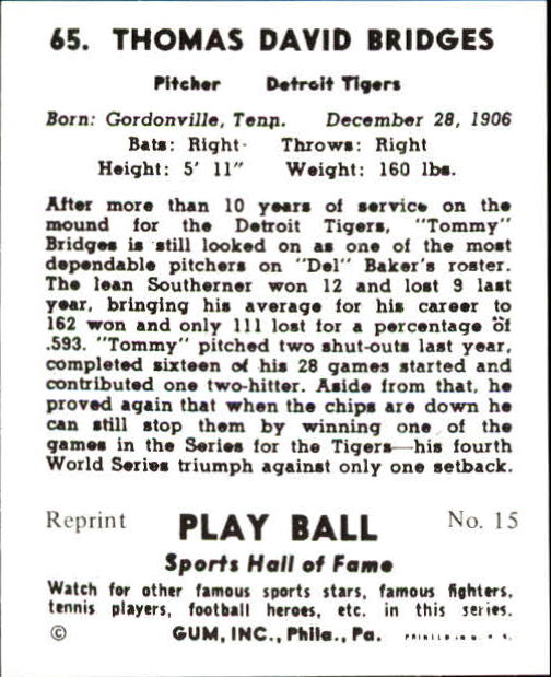 1941 Play Ball Reprints #65 Tommy Bridges back image