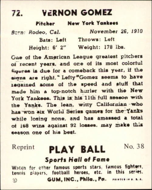 1941 Play Ball Reprints #72 Lefty Gomez back image