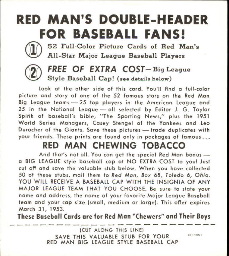 1952 Red Man Reprints #AL1 Casey Stengel MG back image