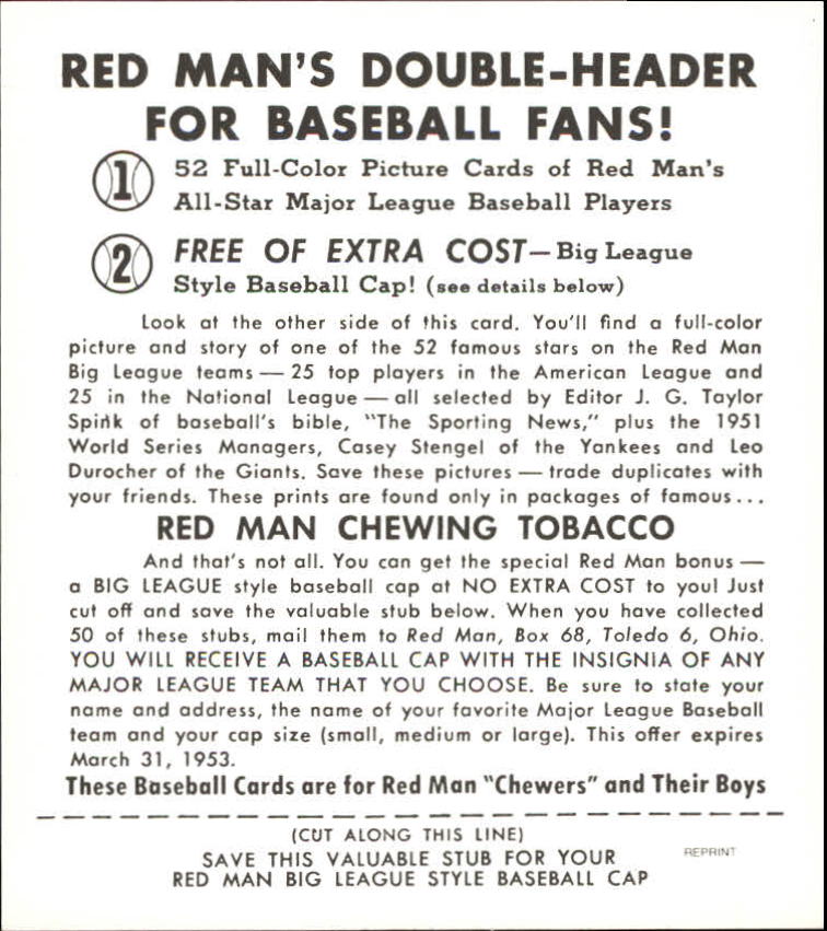 1952 Red Man Reprints #AL3 Yogi Berra back image