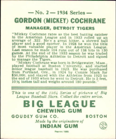 1934 Goudey '85 Reprints #2 Mickey Cochrane back image