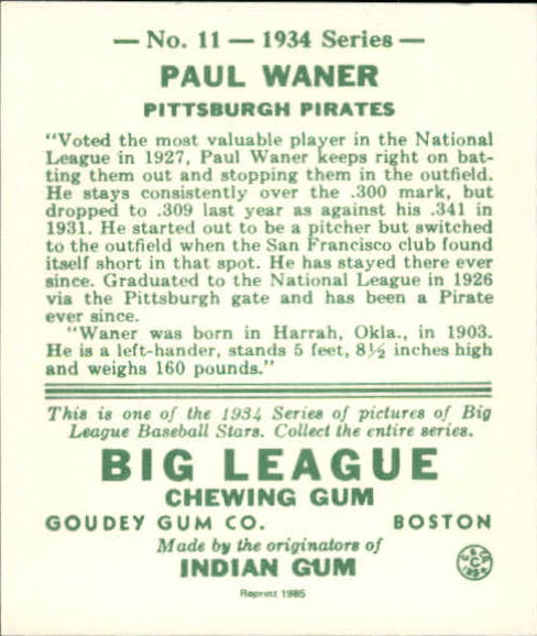 1934 Goudey '85 Reprints #11 Paul Waner back image