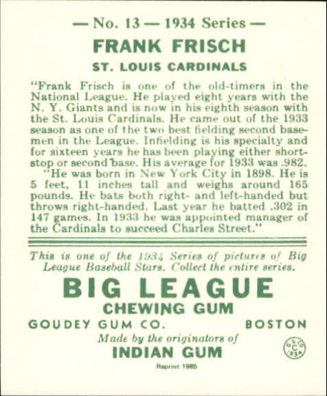 1934 Goudey '85 Reprints #13 Frankie Frisch back image