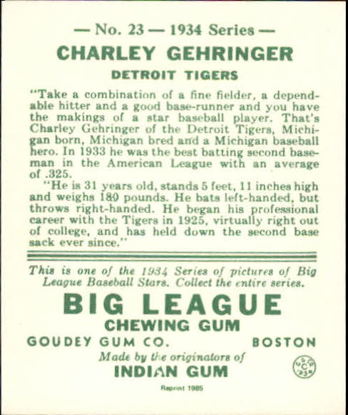 1934 Goudey '85 Reprints #23 Charley Gehringer back image