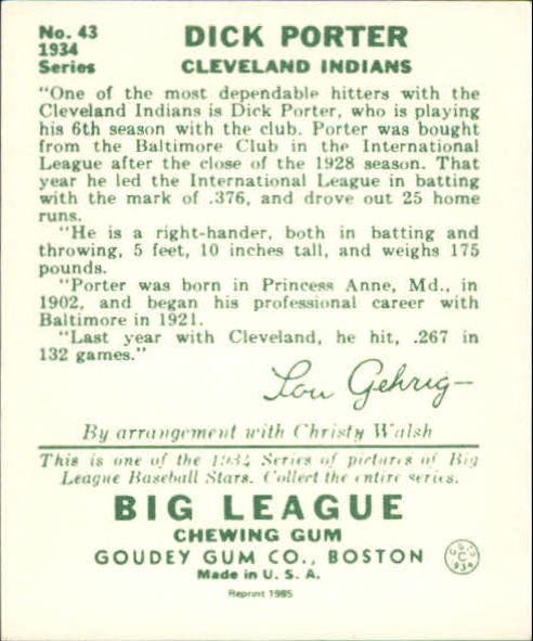 1934 Goudey '85 Reprints #43 Dick Porter back image