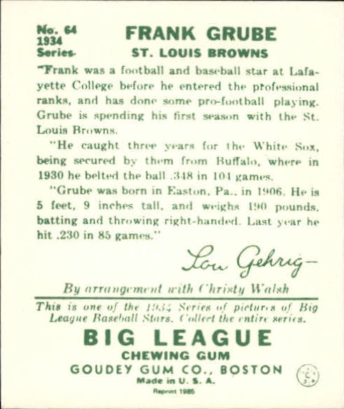 1934 Goudey '85 Reprints #64 Frank Grube back image