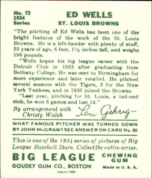 1934 Goudey '85 Reprints #73 Ed Wells back image