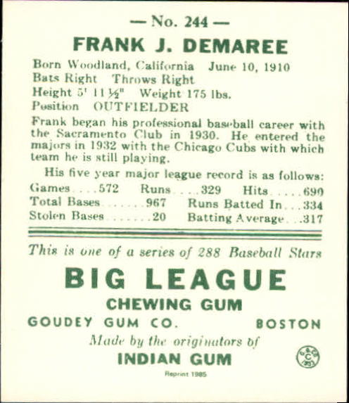 1938 Goudey Heads-Up '85 Reprints #244 Frank Demaree back image