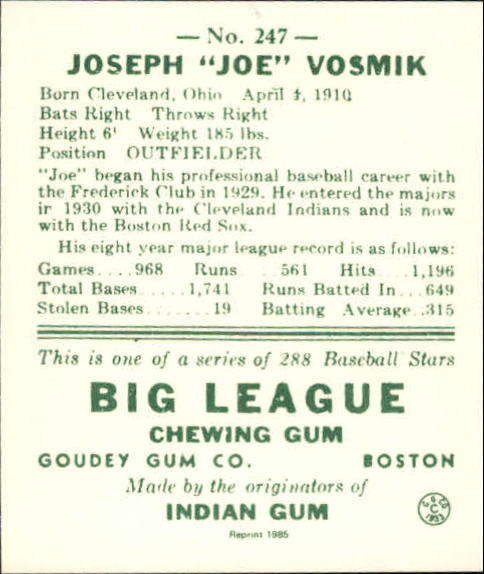 1938 Goudey Heads-Up '85 Reprints #247 Joe Vosmik back image