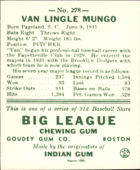 1938 Goudey Heads-Up '85 Reprints #278 Van Lingle Mungo back image