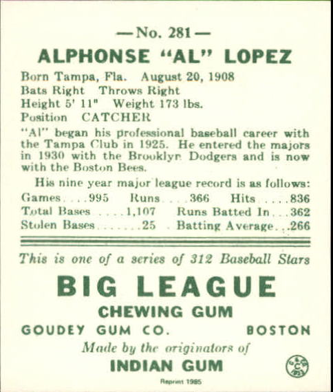 1938 Goudey Heads-Up '85 Reprints #281 Al Lopez back image