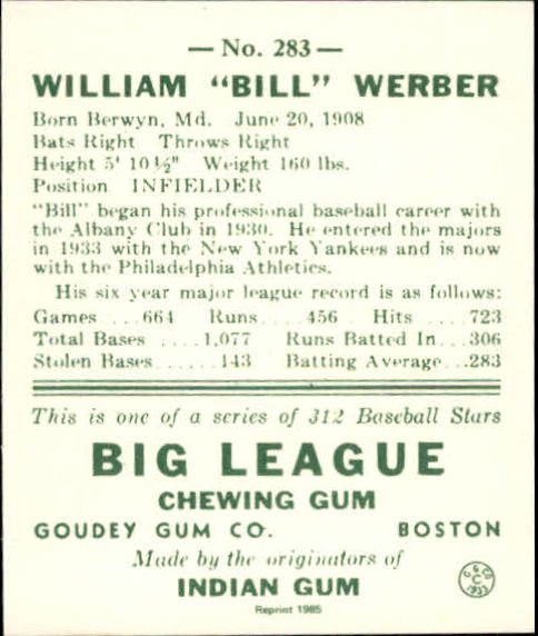 1938 Goudey Heads-Up '85 Reprints #283 Billy Werber back image