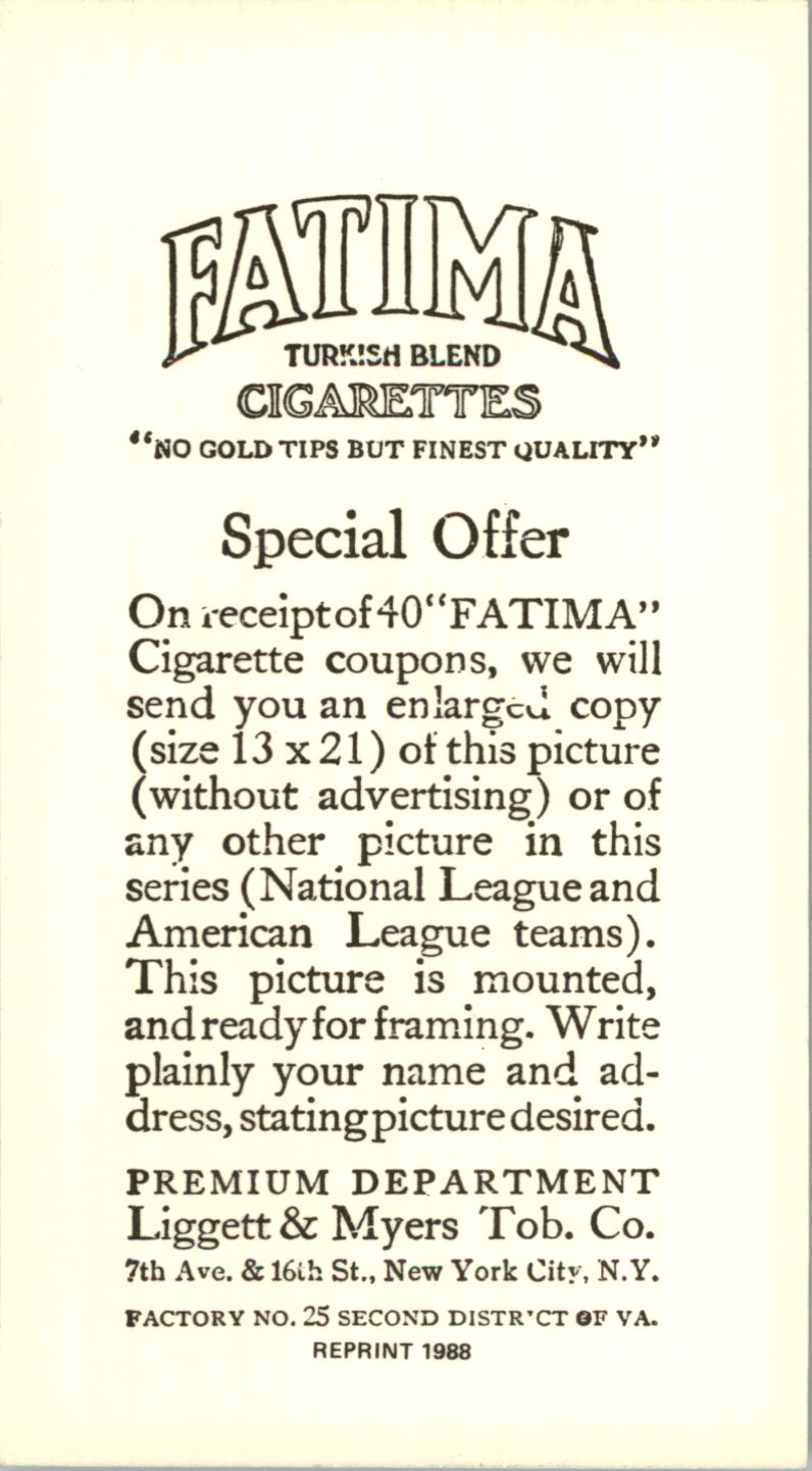 1913 Fatima Teams T200 '88 Reprints #2 Chicago Americans back image