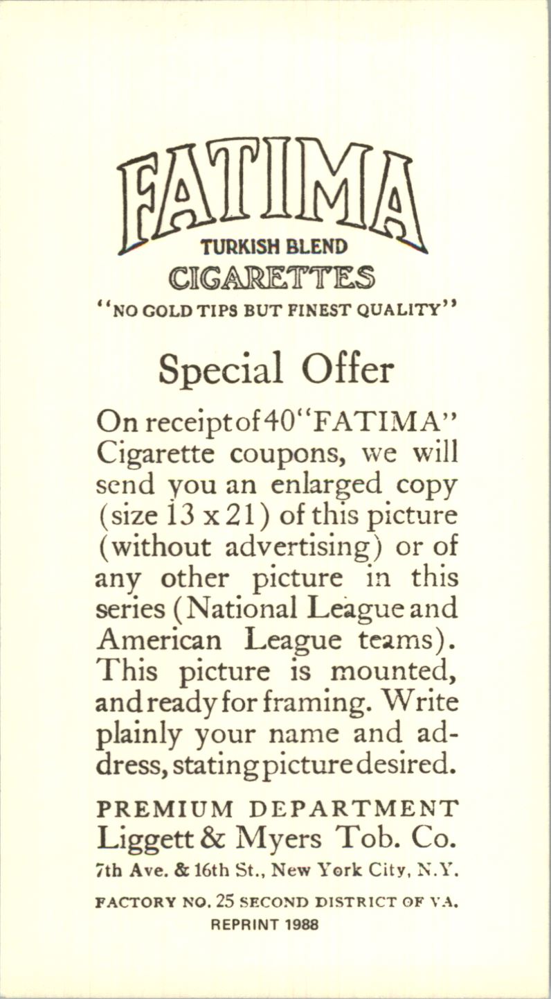 1913 Fatima Teams T200 '88 Reprints #3 Cleveland Americans back image
