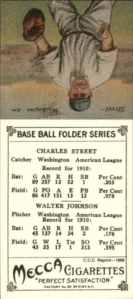1911 Mecca Double Folders T201 '88 Card Collectors' Company Reprints #22 Walter Johnson/Gabby Street back image