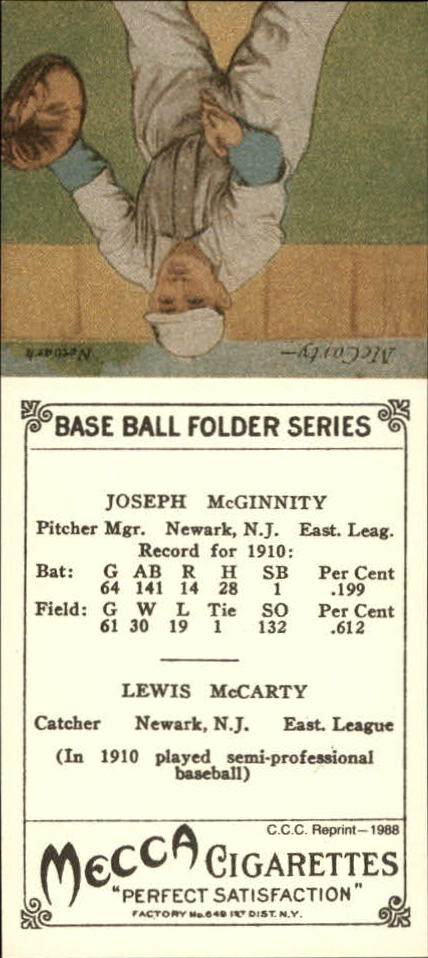 1911 Mecca Double Folders T201 '88 Card Collectors' Company Reprints #38 Joe McGinnity/Tom McCarty back image