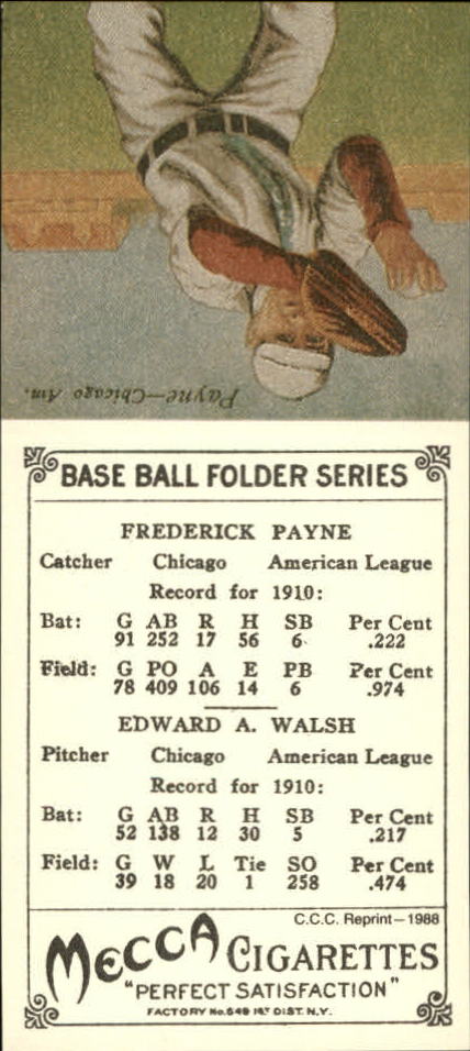 1911 Mecca Double Folders T201 '88 Card Collectors' Company Reprints #47 Ed Walsh/Fred Payne back image