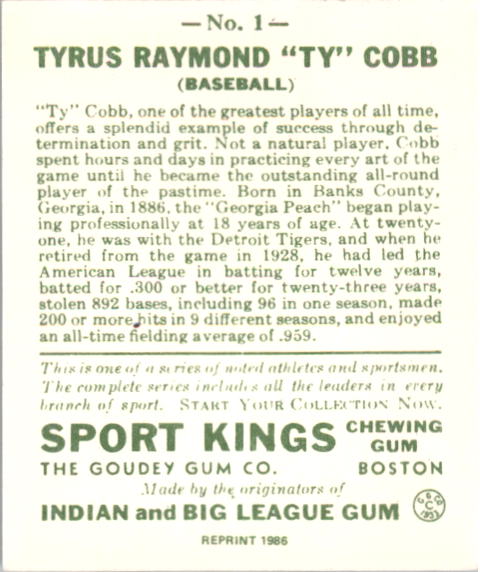 1933 Sport Kings Reprints #1 Ty Cobb BB back image
