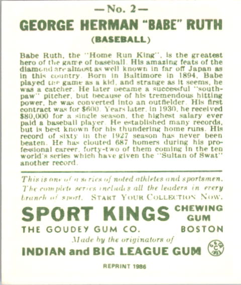 1933 Sport Kings Reprints #2 Babe Ruth BB