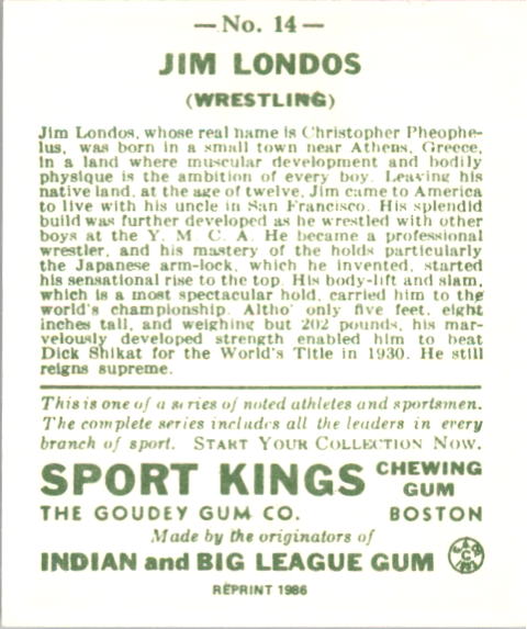 1933 Sport Kings Reprints #14 Jim Londos Wrestling back image