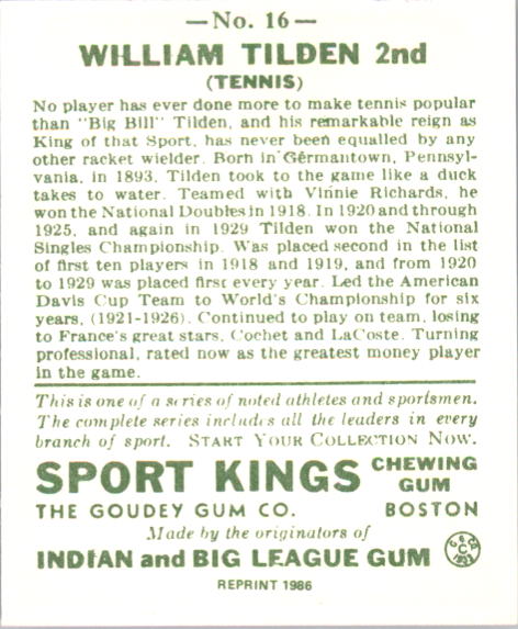 1933 Sport Kings Reprints #16 Bill Tilden Tennis back image