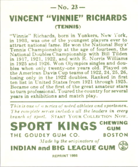 1933 Sport Kings Reprints #23 Vincent Richards Tennis back image