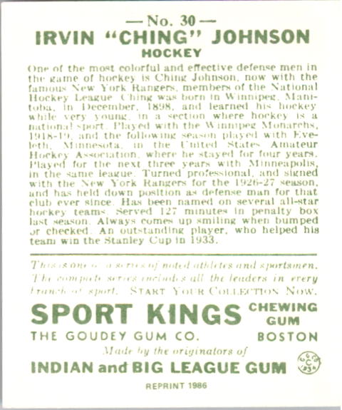 1933 Sport Kings Reprints #30 Ivan Ching Johnson HK back image