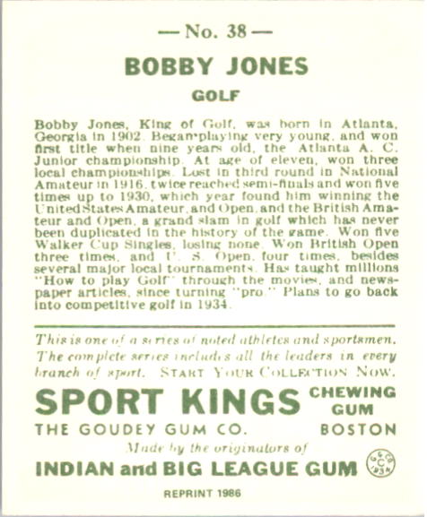 1933 Sport Kings Reprints #38 Bobby Jones Golf back image