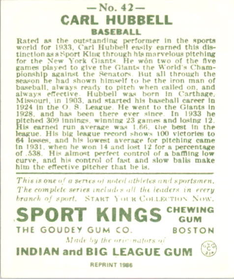 1933 Sport Kings Reprints #42 Carl Hubbell BB back image