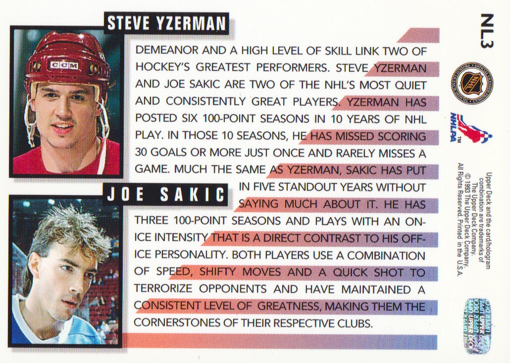 1993-94 Upper Deck Next In Line #NL3 Steve Yzerman/Joe Sakic back image