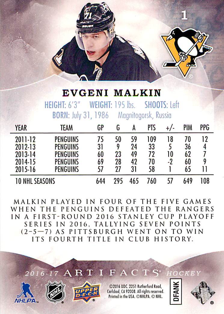 2016-17 Artifacts #1 Evgeni Malkin back image