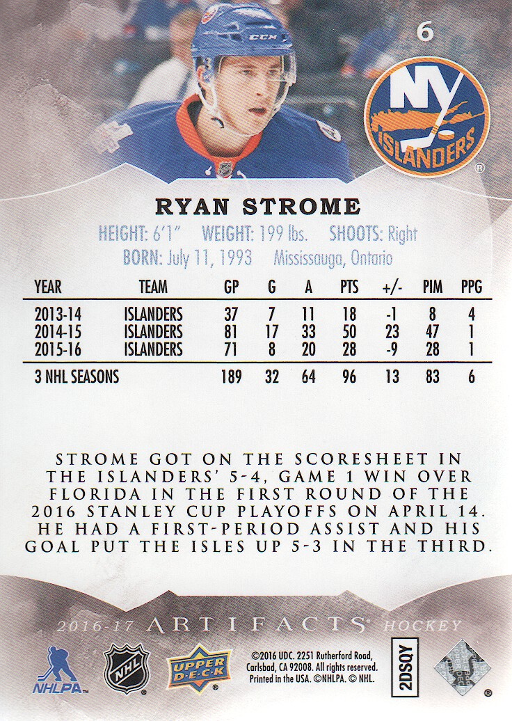 2016-17 Artifacts #6 Ryan Strome back image