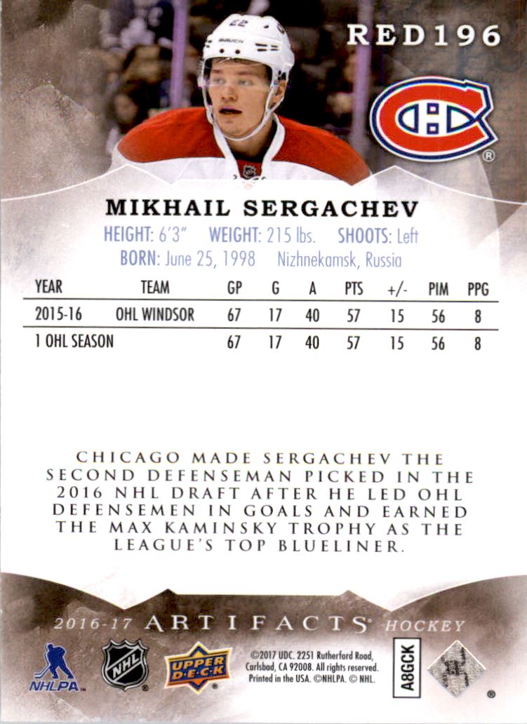 2016-17 Artifacts #196 Mikhail Sergachev RC back image