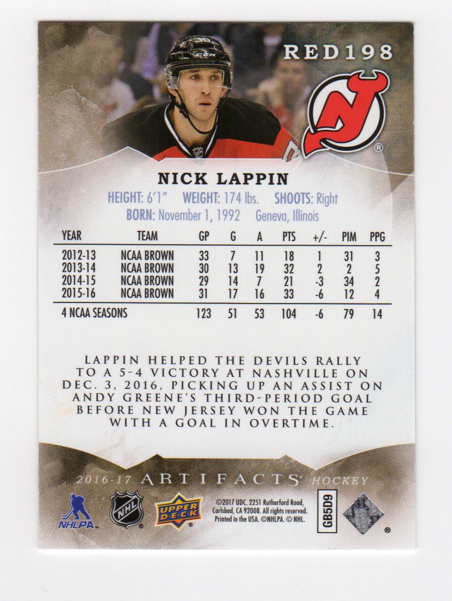 2016-17 Artifacts #198 Nick Lappin RC back image