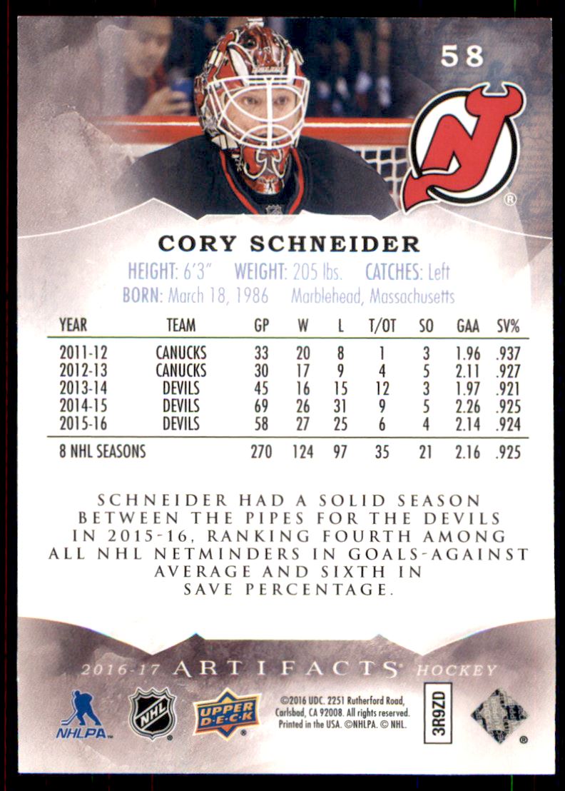 2016-17 Artifacts Ruby #58 Cory Schneider back image