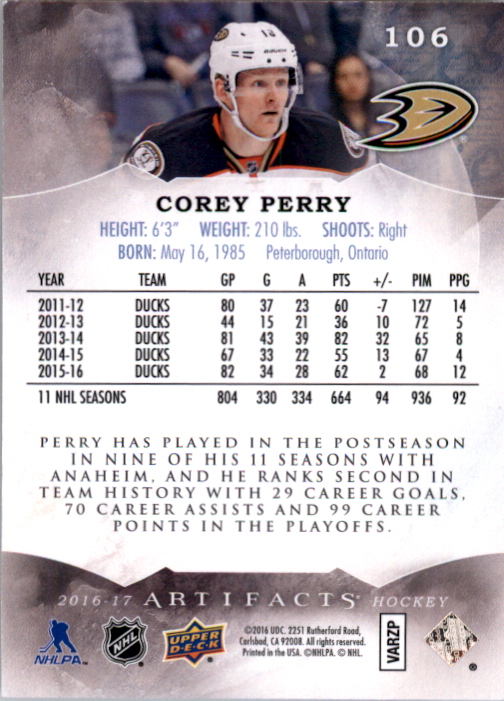 2016-17 Artifacts Ruby #106 Corey Perry S back image