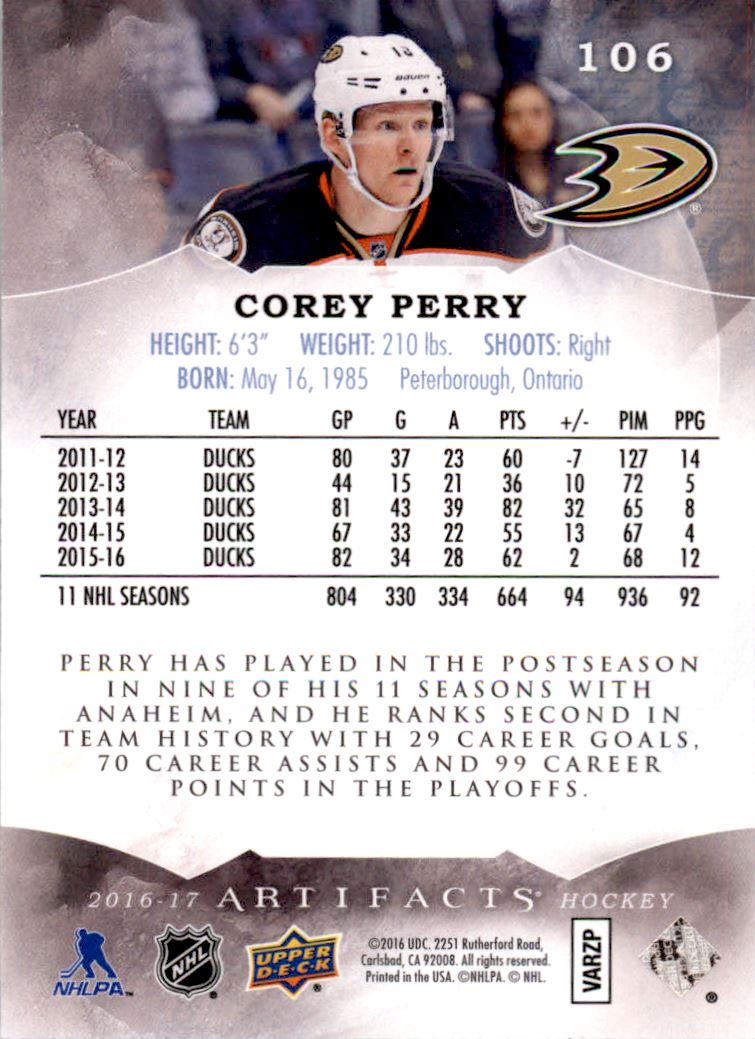 2016-17 Artifacts Emerald #106 Corey Perry S back image