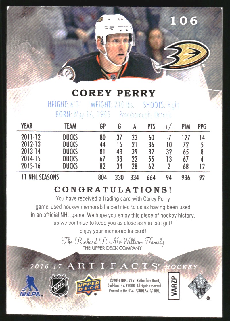 2016-17 Artifacts Materials Silver #106 Corey Perry back image