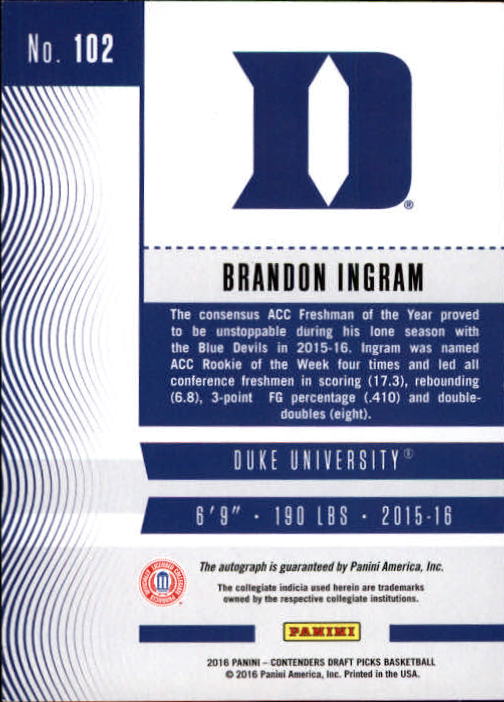 2016-17 Panini Contenders Draft Picks #102A Brandon Ingram AU/White jersey back image