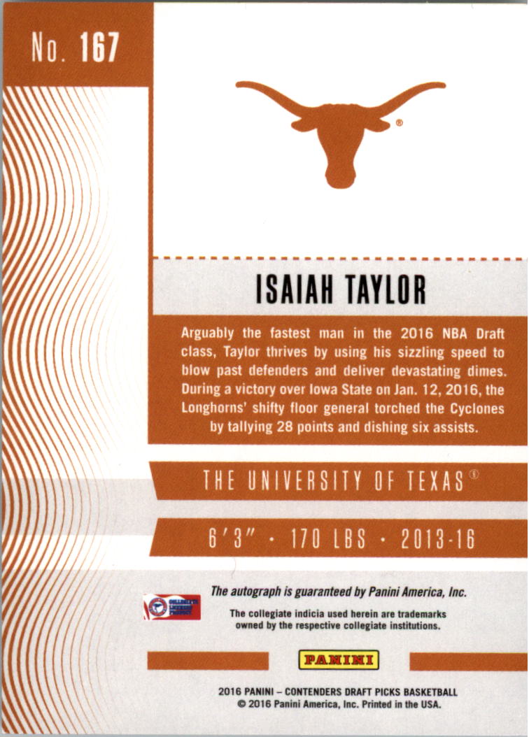 2016-17 Panini Contenders Draft Picks #167 Isaiah Taylor AU back image