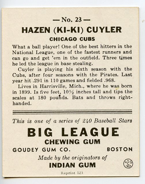 1933 Goudey '86 Reprints #23 Kiki Cuyler back image