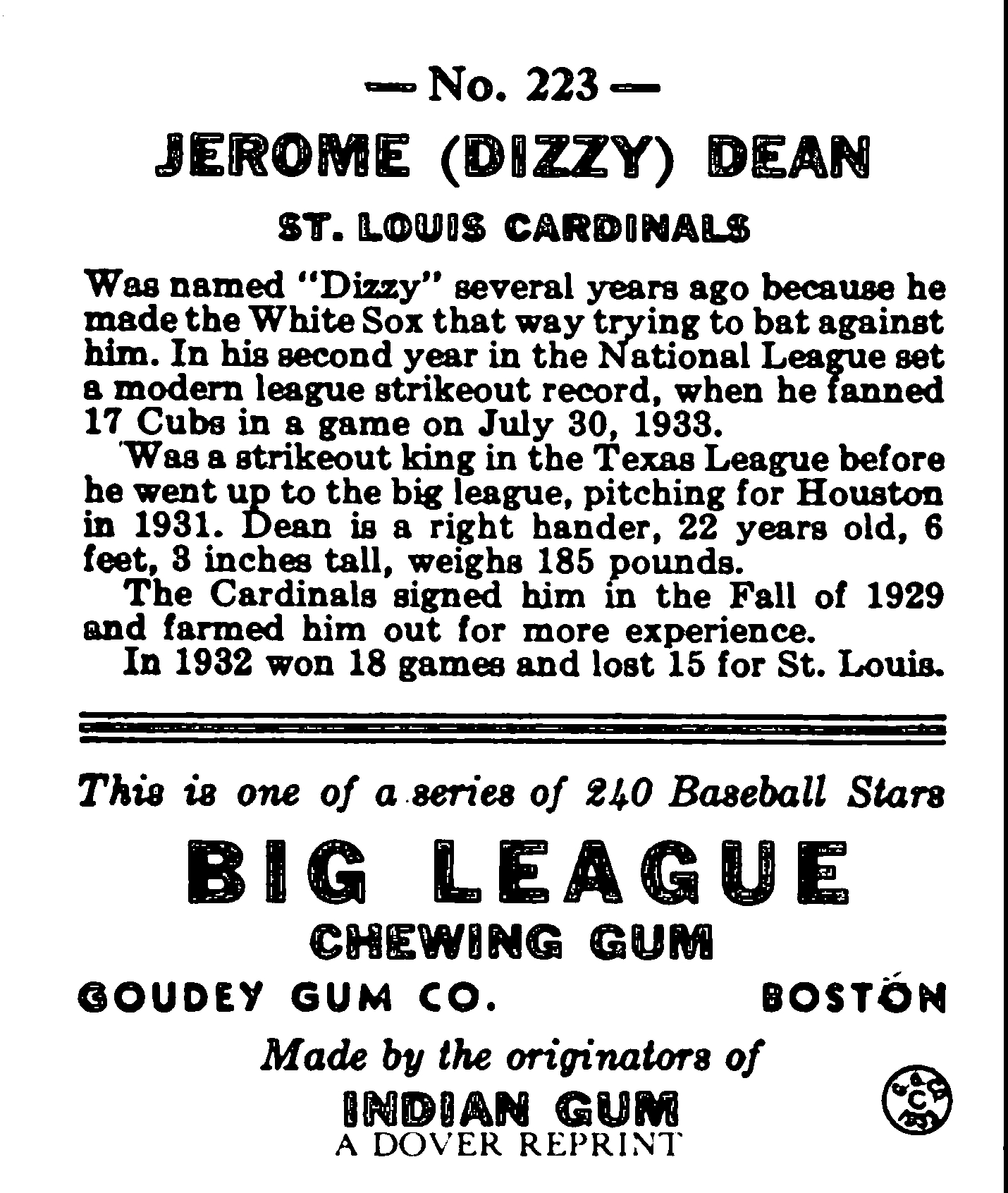 1933 Goudey '86 Reprints #223 Dizzy Dean back image