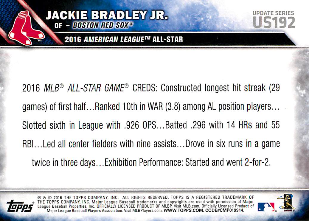 2016 Topps Update #US192 Jackie Bradley Jr. AS back image